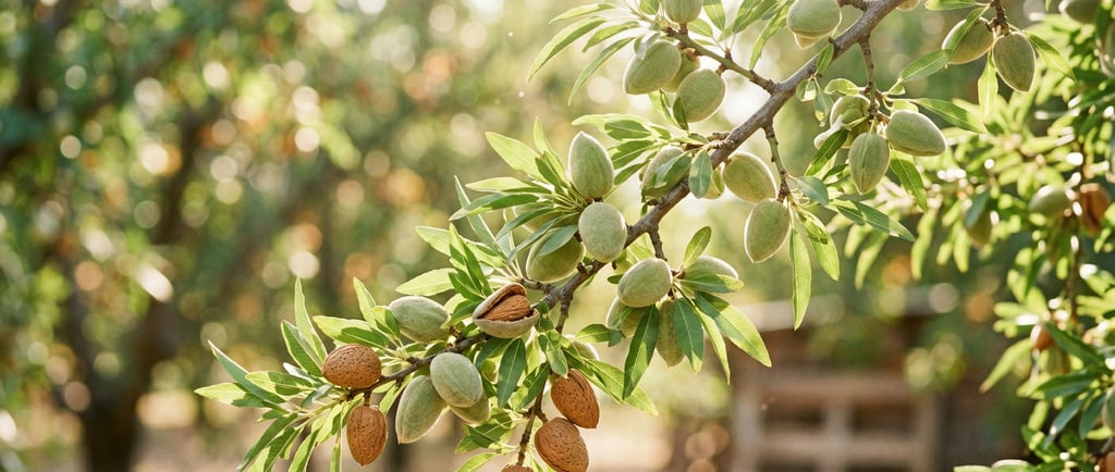 Rama de árbol de Almendras dulces en huerto