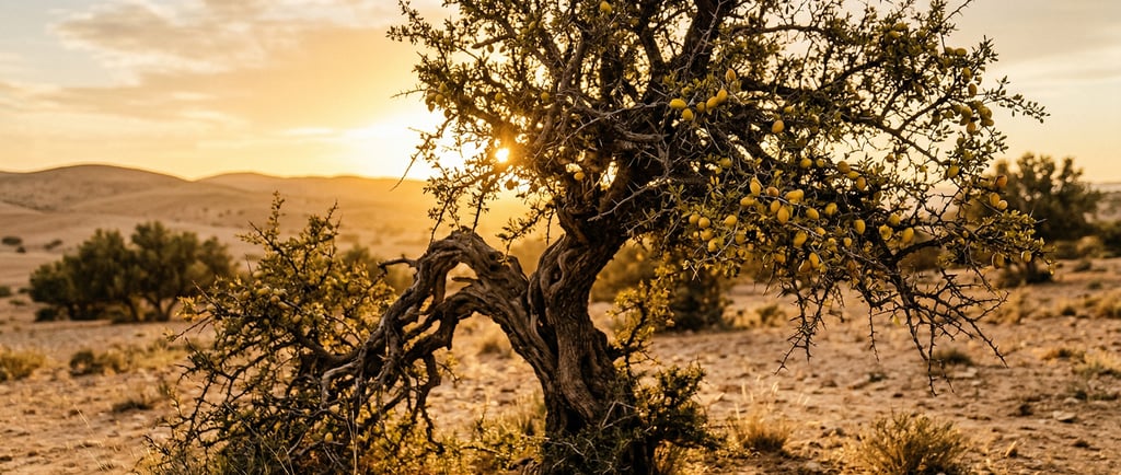 S&B El Artesanal arbol de Argán Marroquí en desierto con frutos con sol atardecer