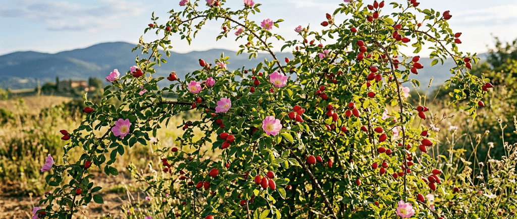 Arbusto de Rosa Mosqueta en el campo con flores y frutos