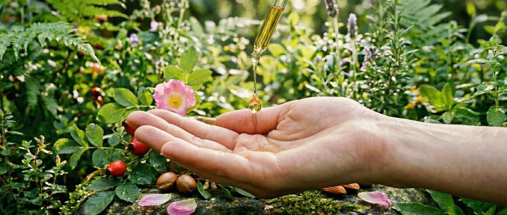 Primer plano de una gota dorada de aceite botánico puro cayendo de gotero de vidrio hacia la palma