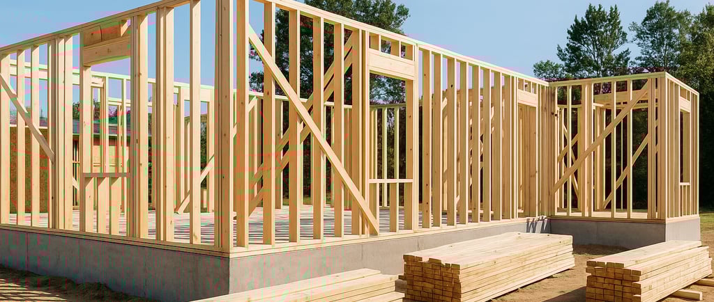 Framed house under construction with exposed lumber.