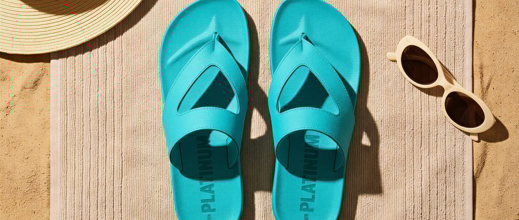 Turquoise flip flops on a beach towel with a straw hat and sunglasses on sand.