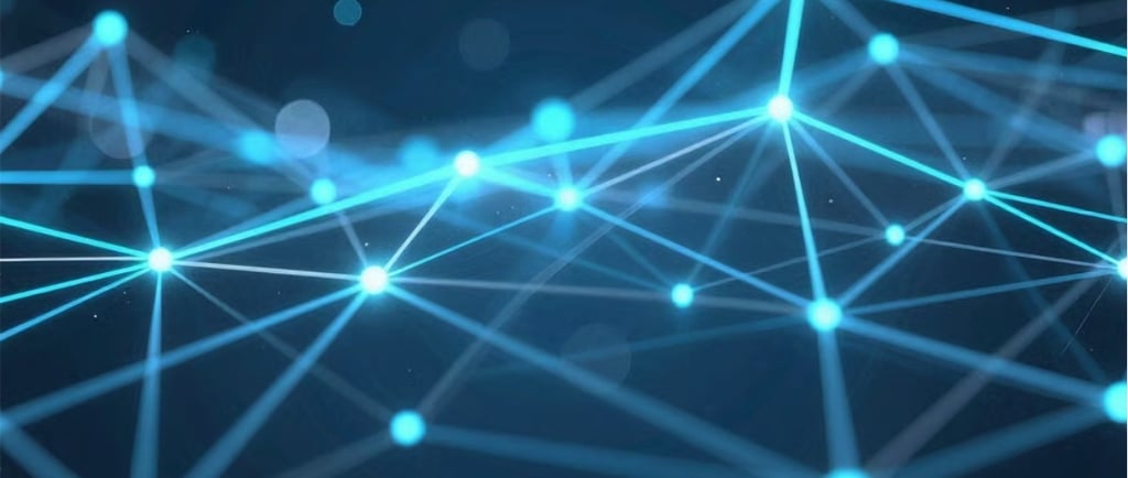 Blue glowing digital network lines and nodes representing data connectivity and artificial intelligence.