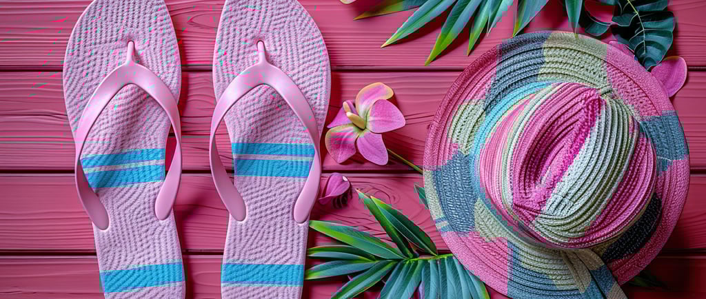 Pink flip-flops and sun hat with tropical palm leaves on a pink wooden background.