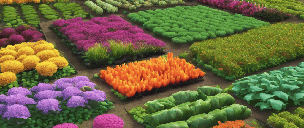 a field of flowers and trees in a field