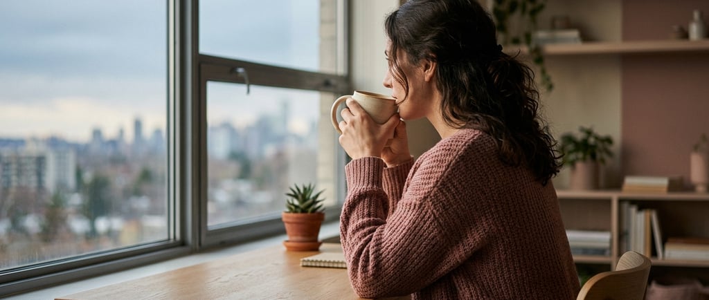 Junge Frau sitzt am Schreibtisch, schaut nachdenklich aus dem Fenster
