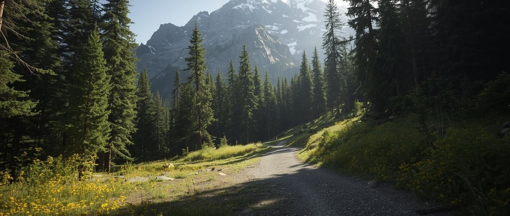 Doll Dreams AI generated trail in a forest with snow-capped mountains in the background