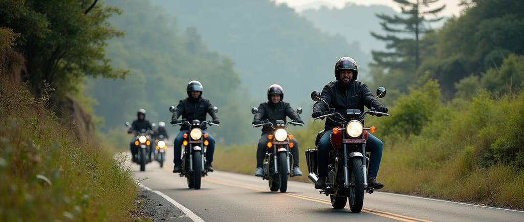 a group of motorbike riders in a hilly road of northeast india