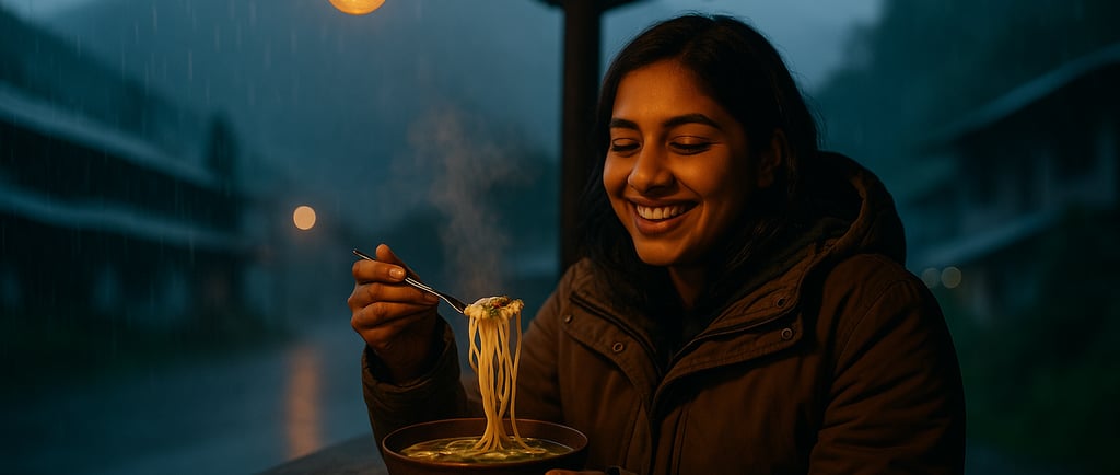 a young woman enjoying a bowl of Thukpa in a raining evening in the mountains of north east india