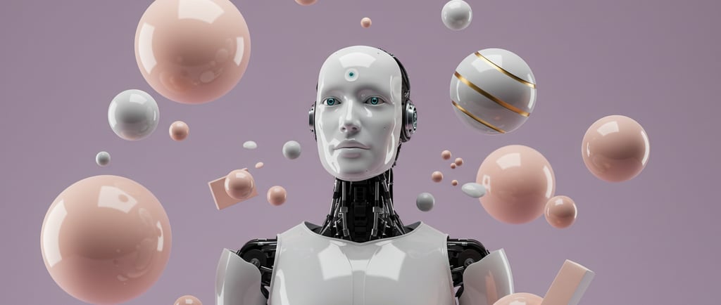 a robot with a white robot in front of a purple background
