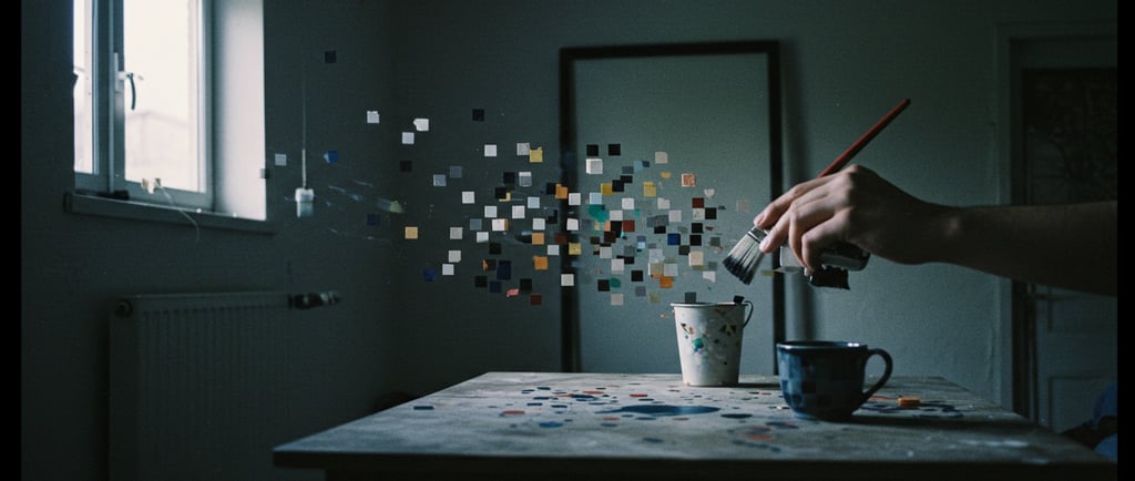 a person painting a picture with a cup of coffee
