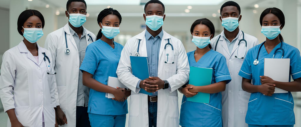 Groupe de professionnels de santé africains portant des blouses médicales et des masques