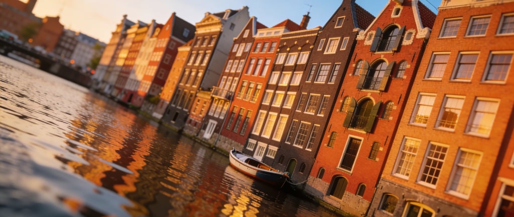 Traditional canal houses in Amsterdam reflected in water at sunset with a boat docked nearby.