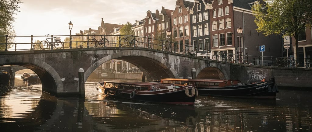 Canal tour boats cruising under a stone bridge in Amsterdam at sunset with historic gabled houses.