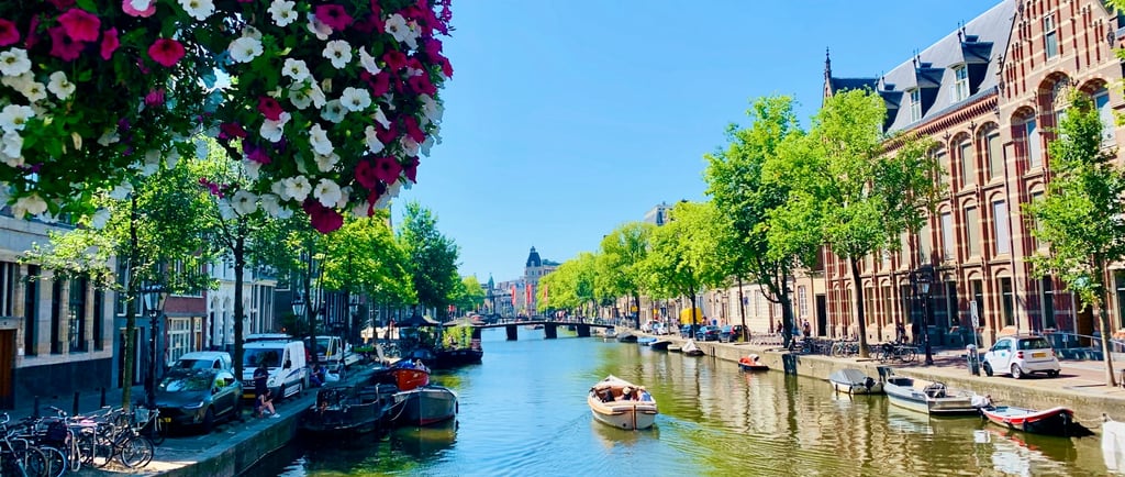 a boat on a river with flowers in the foreground