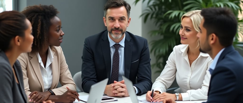 empresário com seus colaboradores sentados em uma mesa