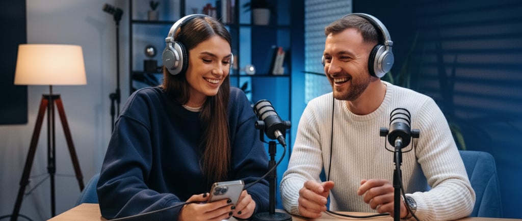 a man and woman in headphones are sitting at a table