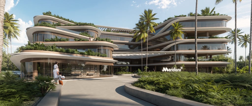 Modern tropical architecture of Meridiano 18 luxury resort with tiered gardens and palm trees.