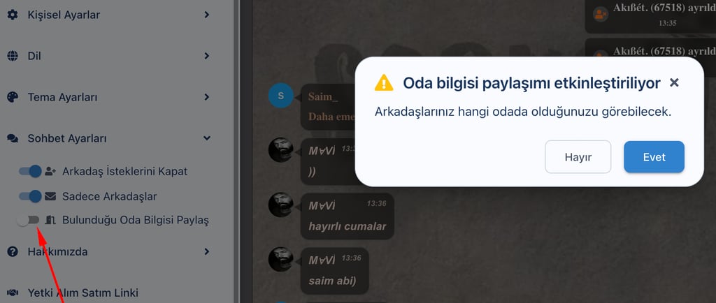 sohbet oda bilgisi gizleme