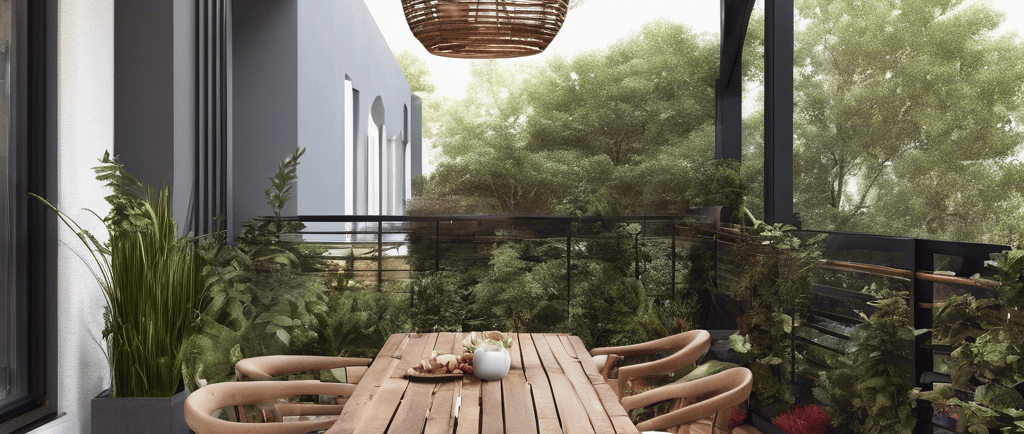 Balcony garden with a wooden table and chairs