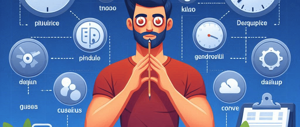 A person sitting in intense focus with symbols of focus categories around