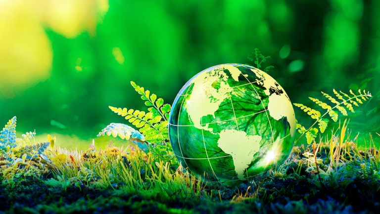 um globo do planeta Terra rodeado de natureza rica e viva como plantas verdes