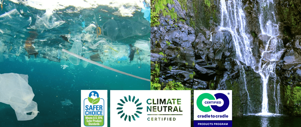 oceano poluído com plástico e produtos tóxicos e uma queda de água pura, ecolabel de produtos