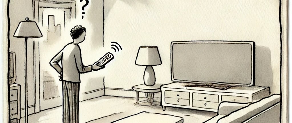 a man standing in a living room with a remote control