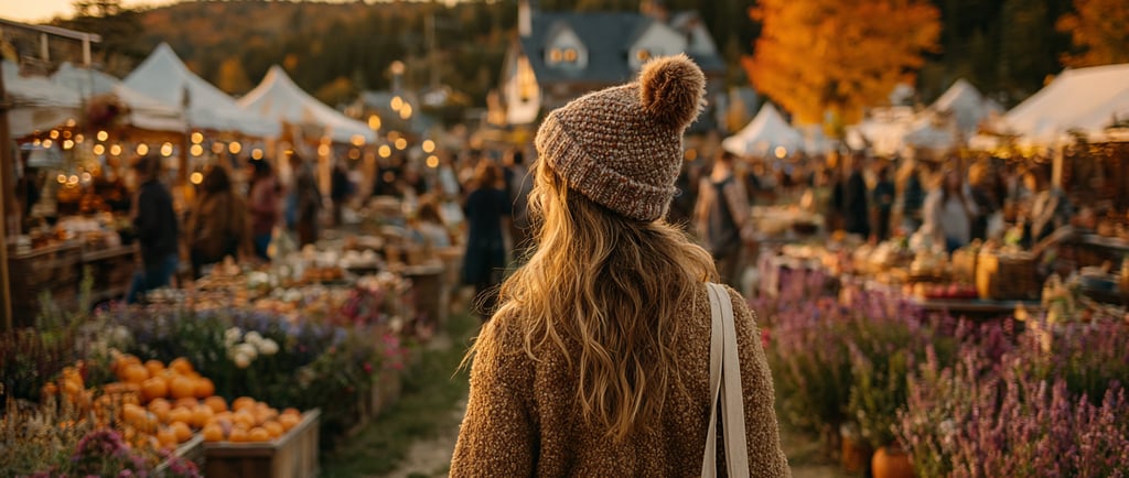 A woman in a cozy coat and knit hat strolls through a lively autumn market at sunset. 