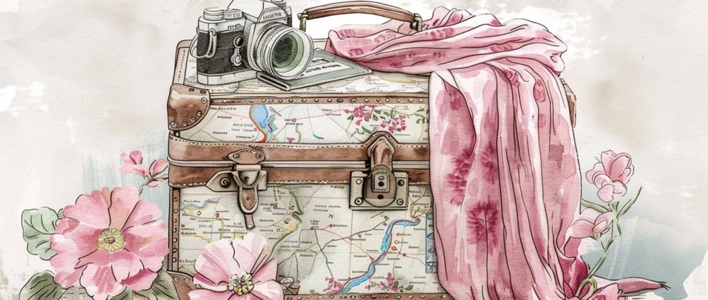 A watercolor illustration of an old suitcase with a pink floral scarf and a camera.