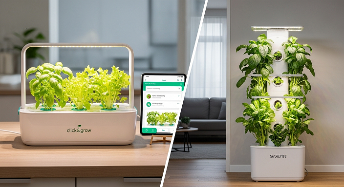 Click & Grow com manjericão e alface em bancada ao lado de Gardyn vertical com hortaliças, ambos em 