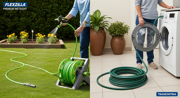 Comparativo visual entre a mangueira Flexzilla sendo usada em jardim com carretel e a Tramontina Sup
