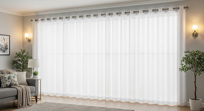 Cortina branca blackout com ilhós em sala iluminada e decorada com plantas naturais.