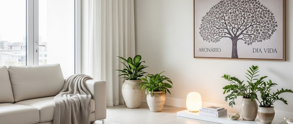 Sala com decoração escandinava clara, sofá bege, plantas e quadro grande com Árvore da Vida na pared