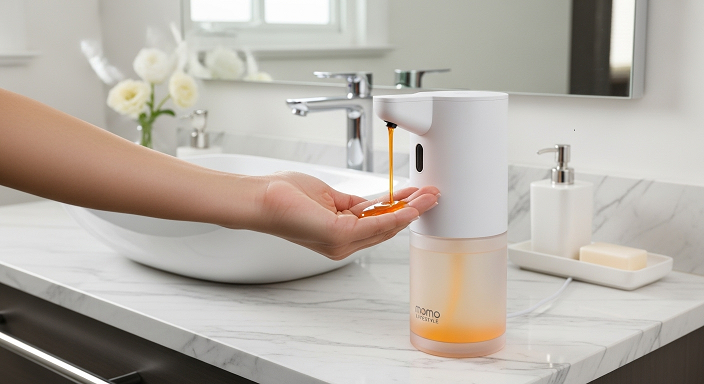 Dispenser automático liberando sabonete líquido na mão em banheiro moderno e limpo.