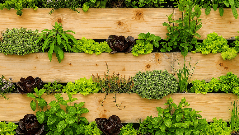 Horta vertical com ervas e hortaliças em estrutura de pallet de madeira clara.