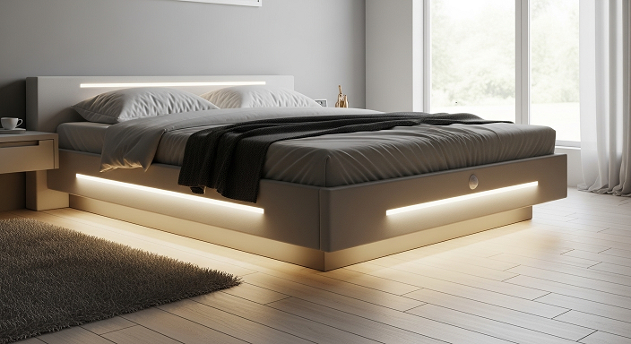 Fita LED com sensor instalada sob a cama em quarto moderno iluminado suavemente.