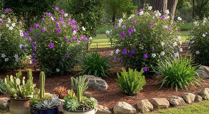 Jardim com flores roxas e brancas, suculentas e cactos em vasos de cerâmica.
