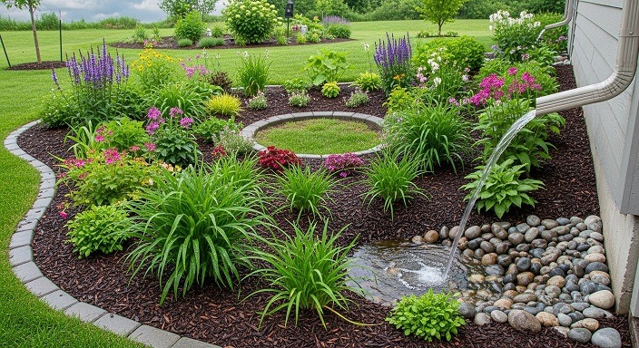 Jardim de chuva com flores e pedras recebendo água da calha da casa.