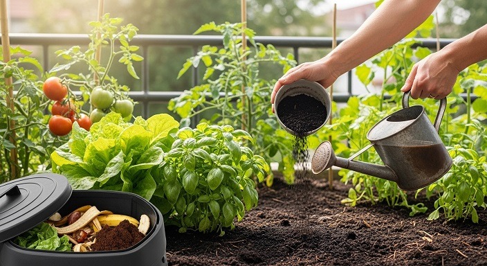 Mãos adubando horta orgânica com húmus e regador, ao lado de composteira doméstica.