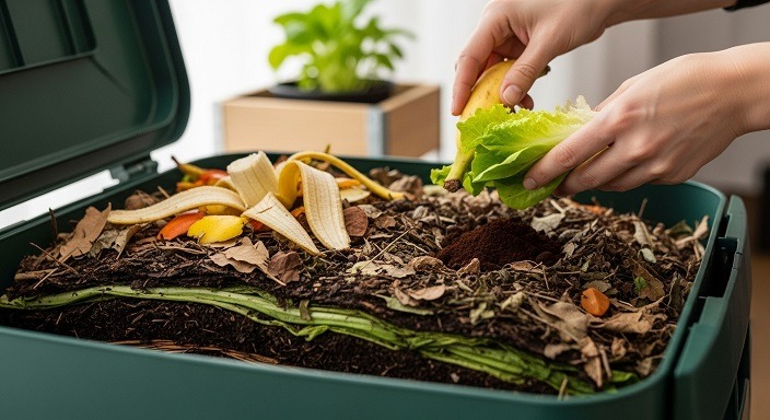Mãos colocando restos de alimentos e folhas secas em composteira doméstica verde.