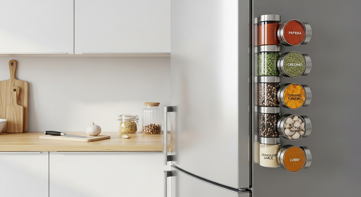 Potes magnéticos de inox com temperos fixados na lateral de uma geladeira inox.