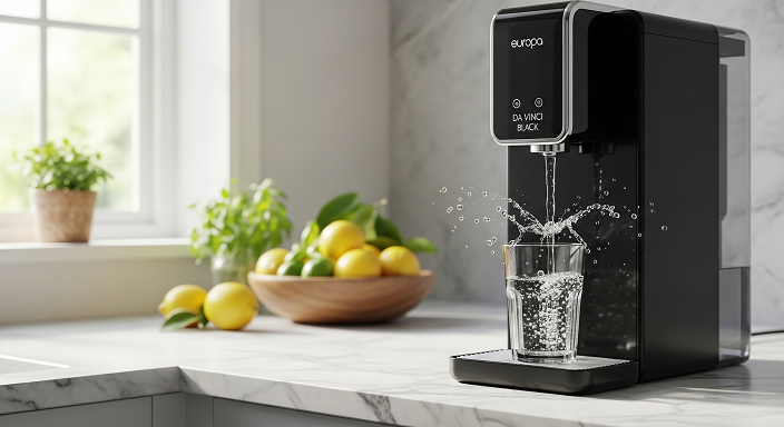 Purificador de água Da Vinci preto enchendo copo em cozinha moderna com limões ao fundo