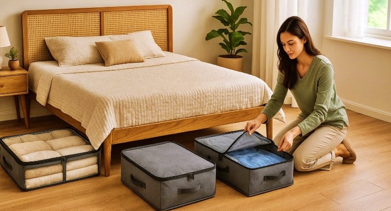 mulher organizando roupas em recipientes de armazenamento cinza sob a cama num quarto bonito