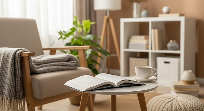 Sala aconchegante com livro aberto, xícara de chá e luz natural suave.