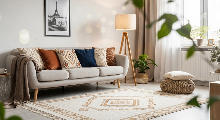 Sala aconchegante com sofá, almofadas boho, tapete artesanal e luminária de chão.