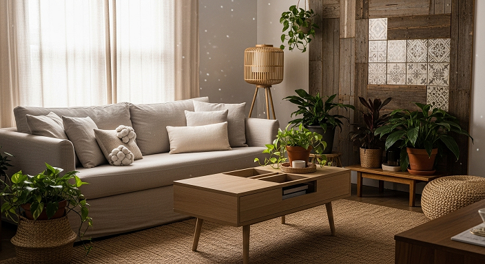  Sala iluminada naturalmente com sofá claro, mesa multifuncional, plantas e decoração sustentável em