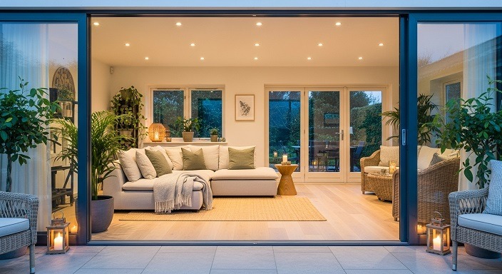 Sala integrada com varanda e plantas, iluminação aconchegante e portas de vidro abertas.