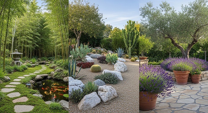 Três estilos de jardim: japonês com lago, xeriscaping e mediterrâneo com lavanda.