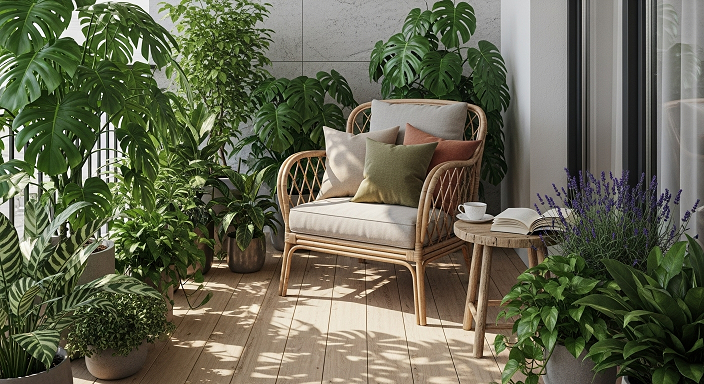 Varanda com poltrona de fibra natural, almofadas terrosas e plantas tropicais ao redor